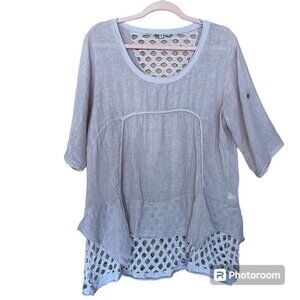 100% Lin Blanc Italy Women’s Tan Boho Lagenlook Linen Roll Tab Sleeve Tunic 8